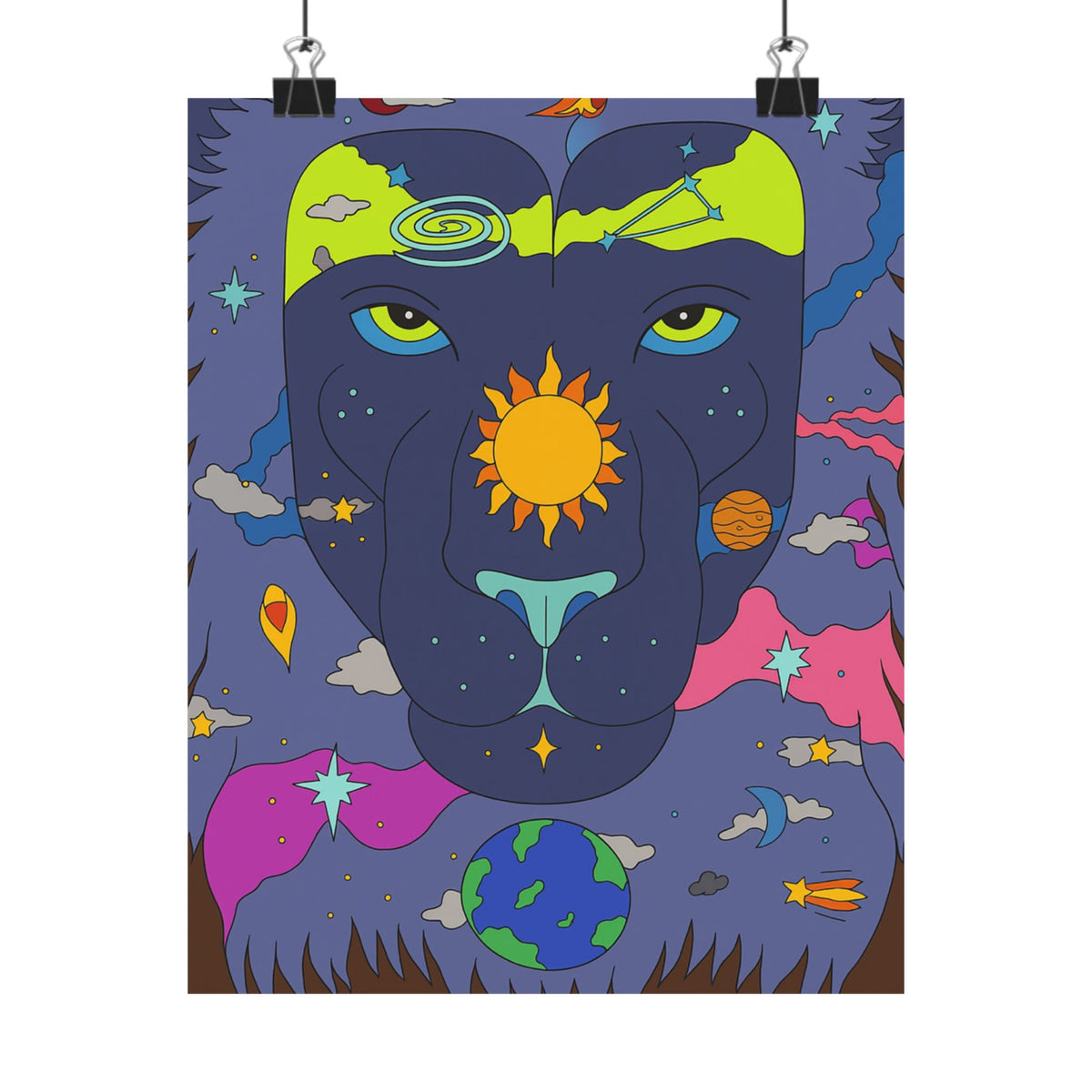 Cosmic Lion Art Poster, Colorful Wall Décor, Boho Room Decor, Animal Lover Gift, Spiritual Art Print
