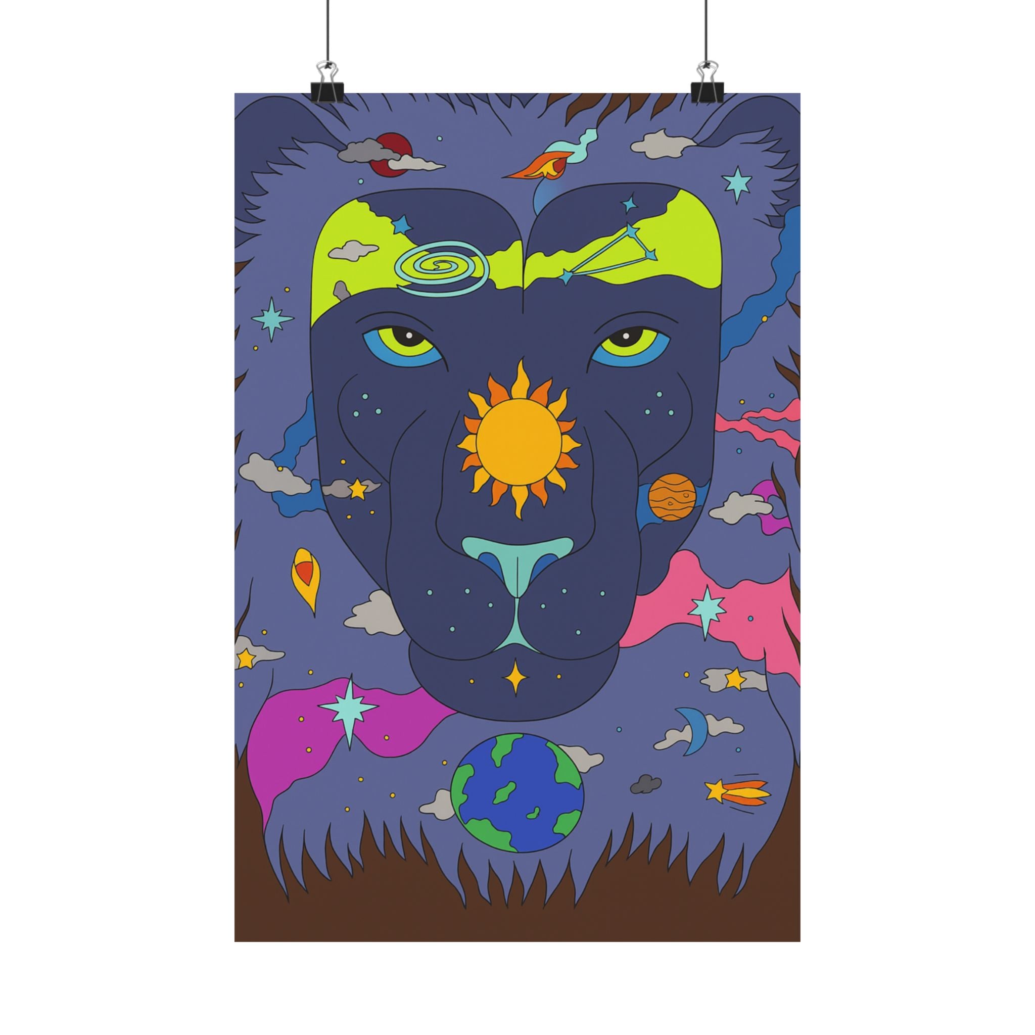 Cosmic Lion Art Poster, Colorful Wall Décor, Boho Room Decor, Animal Lover Gift, Spiritual Art Print