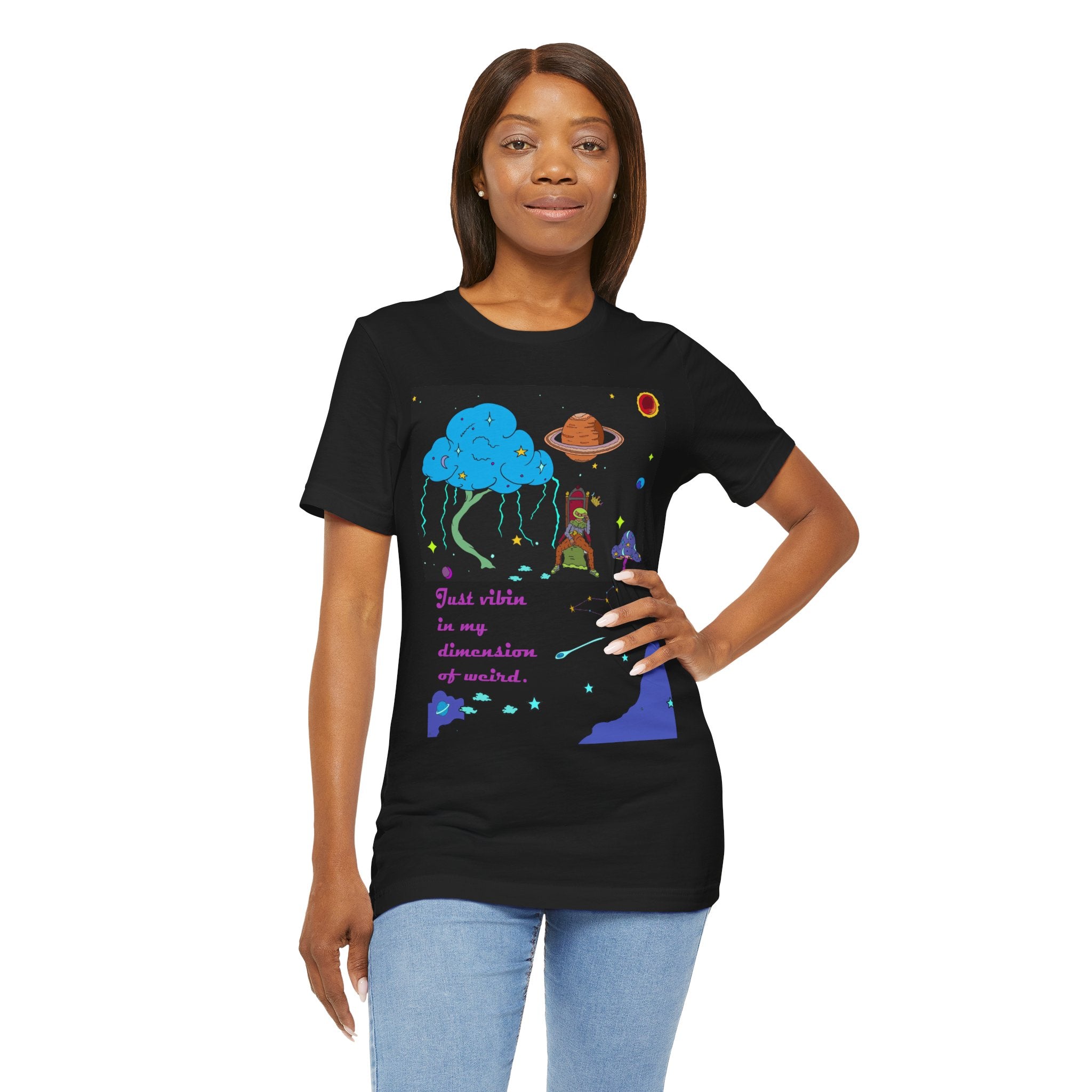Cosmic Meditation Tee — "Just vibin in My Dimension of Weird" Graphic T-Shirt