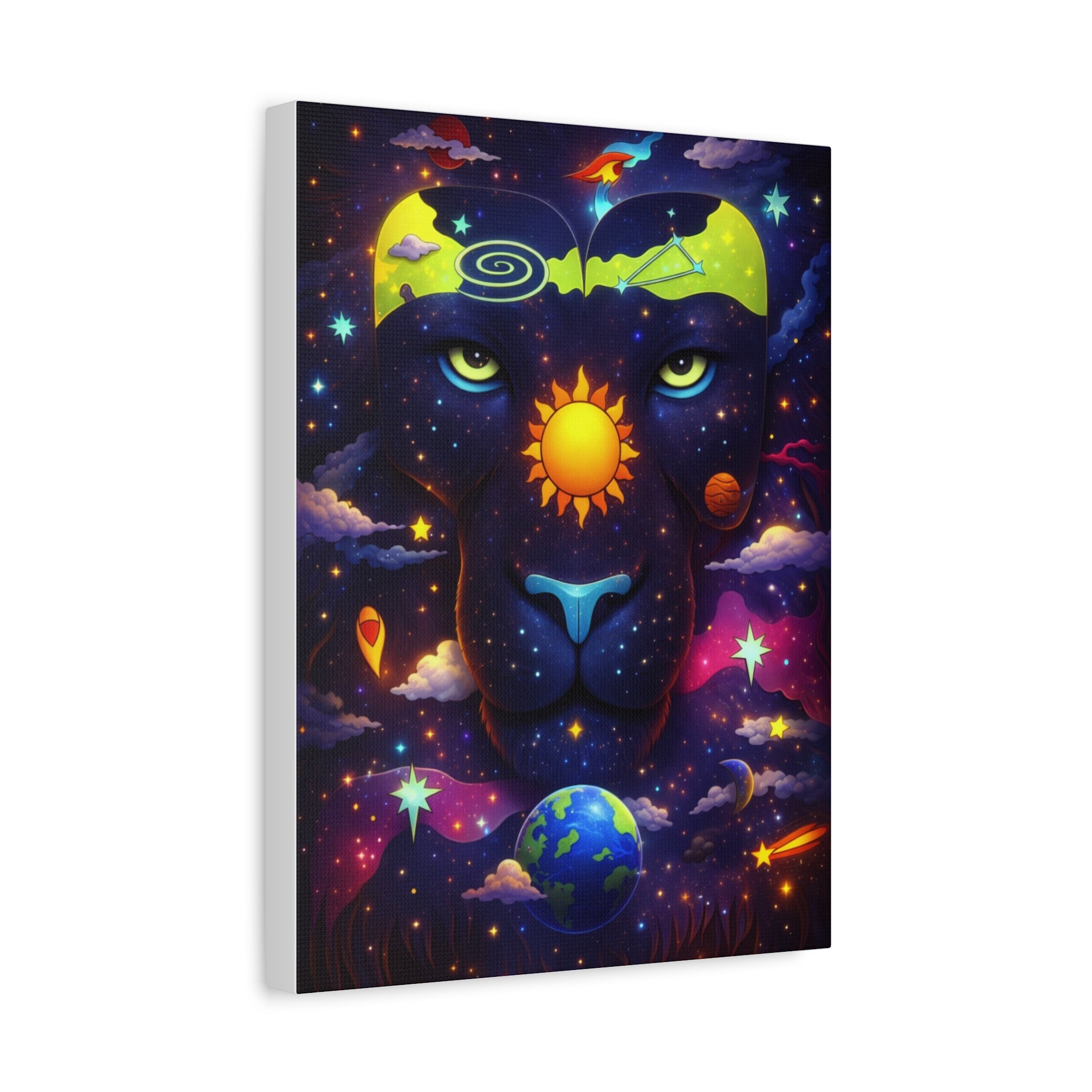 Cosmic Panther Matte Canvas Print — Vibrant Surreal Space Lion Wall Art