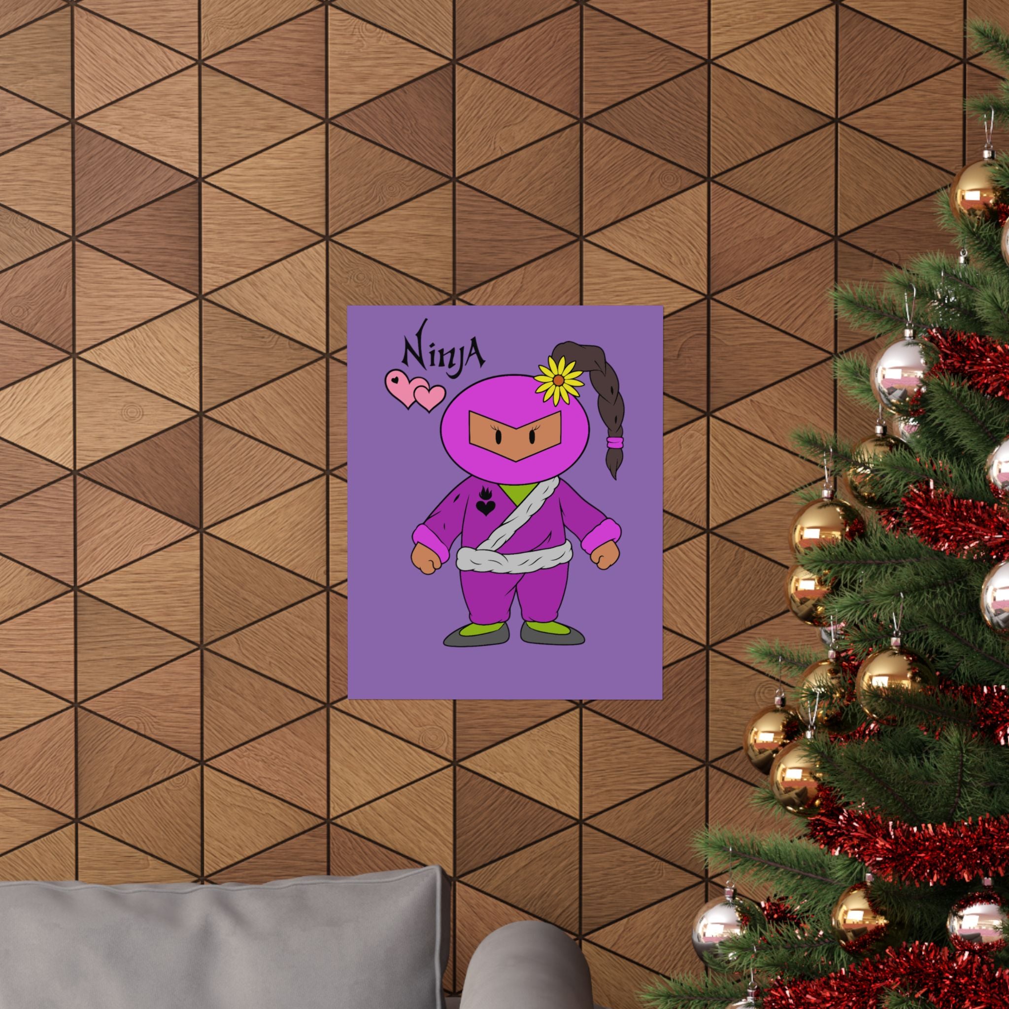 Cute Pink Ninja Poster — Matte Vertical Wall Art ("Ninja" Text)