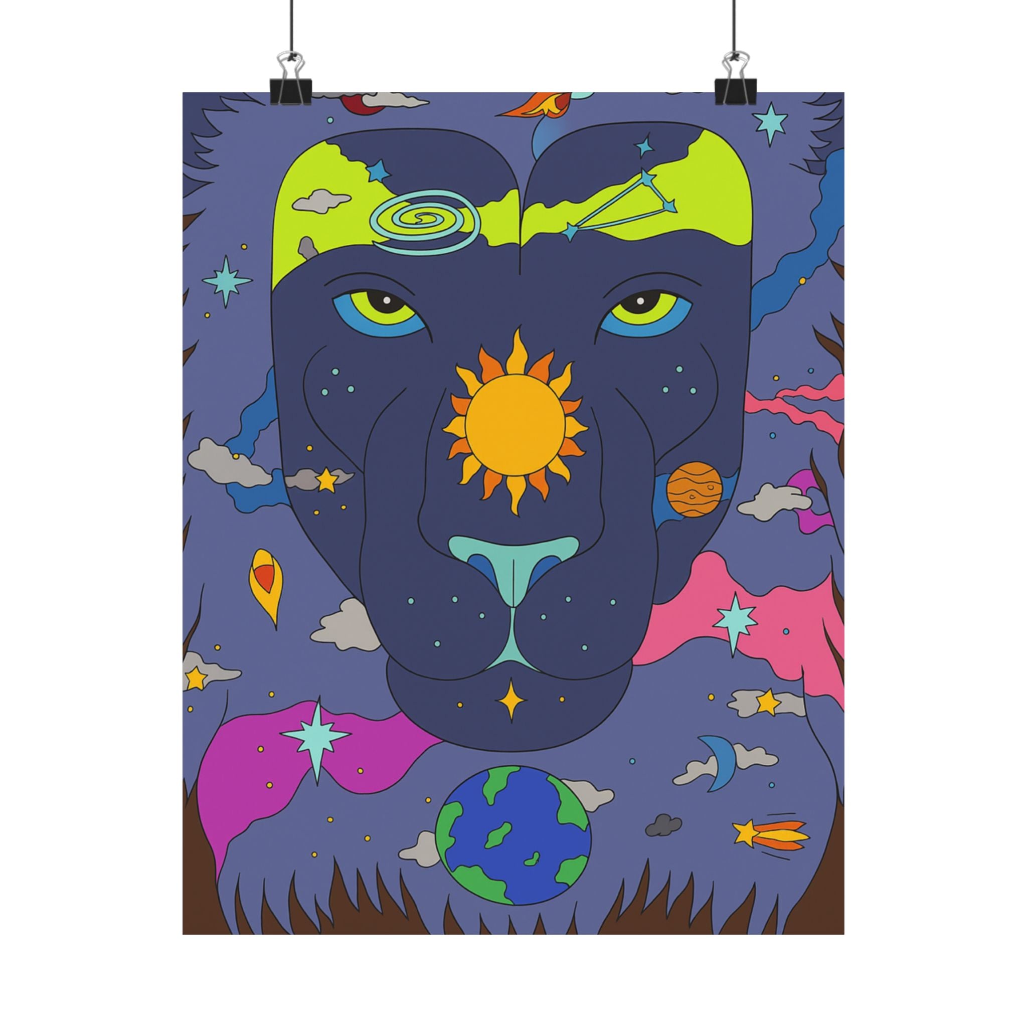 Cosmic Lion Art Poster, Colorful Wall Décor, Boho Room Decor, Animal Lover Gift, Spiritual Art Print
