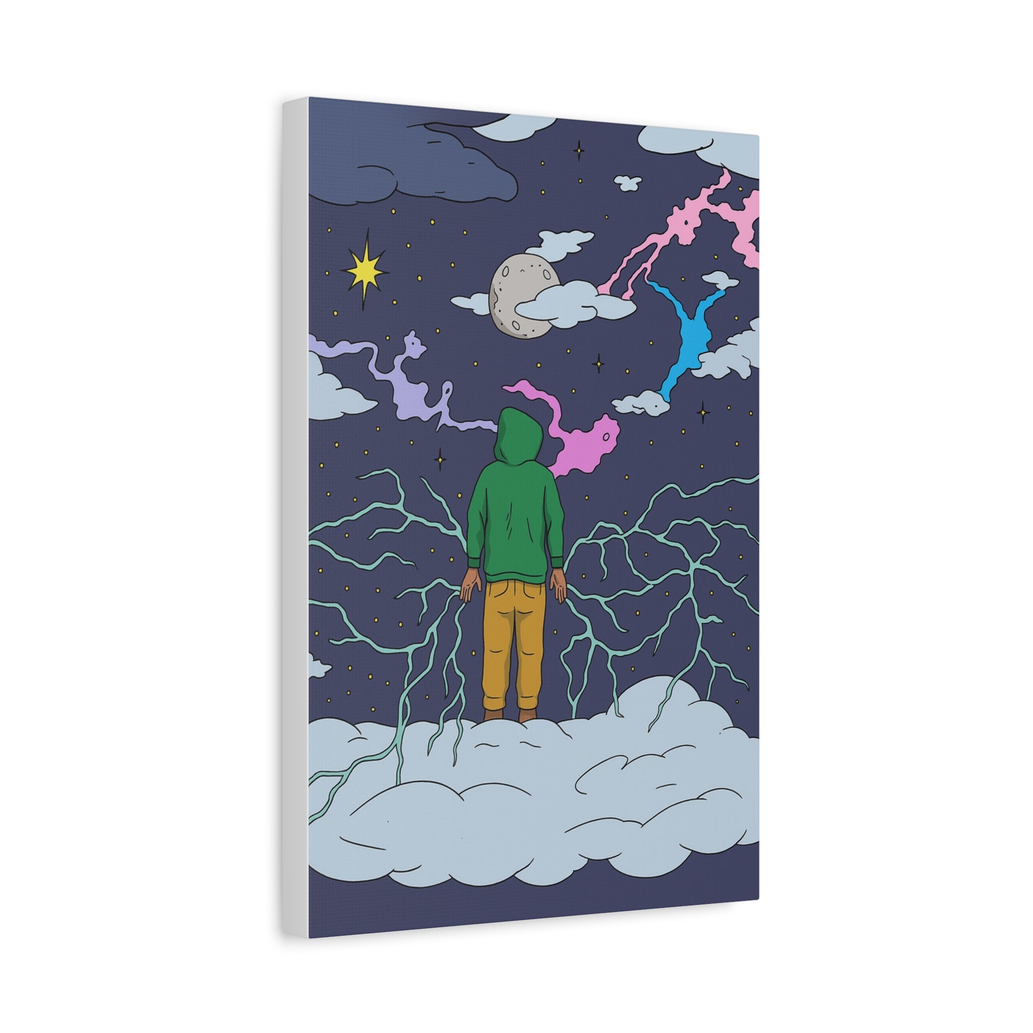 Dreamwalker Canvas Print — Surreal Hoodie Figure on Cloud Wall Art