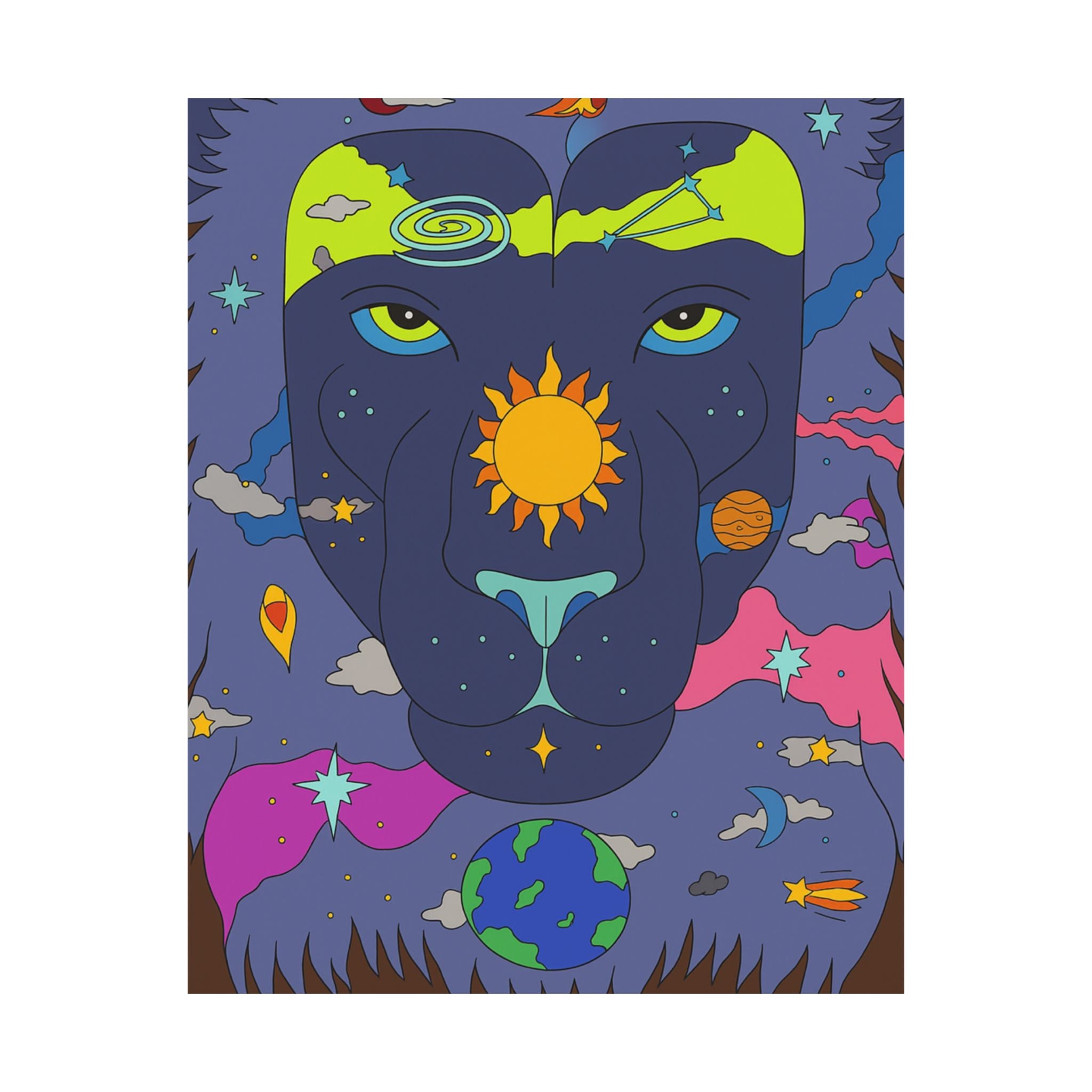 Cosmic Lion Art Poster, Colorful Wall Décor, Boho Room Decor, Animal Lover Gift, Spiritual Art Print