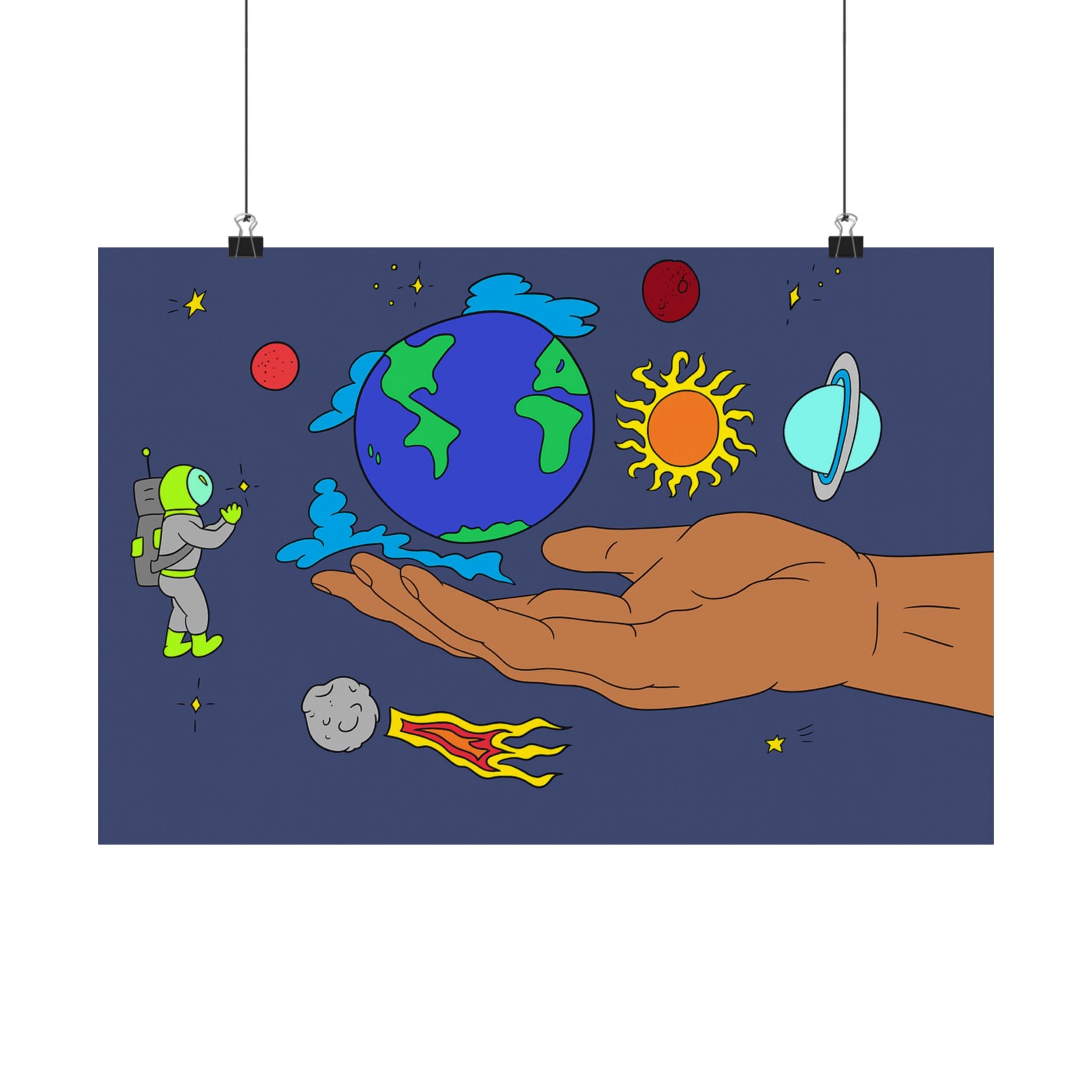Cosmic Hand Matte Poster — Earth & Space Illustration