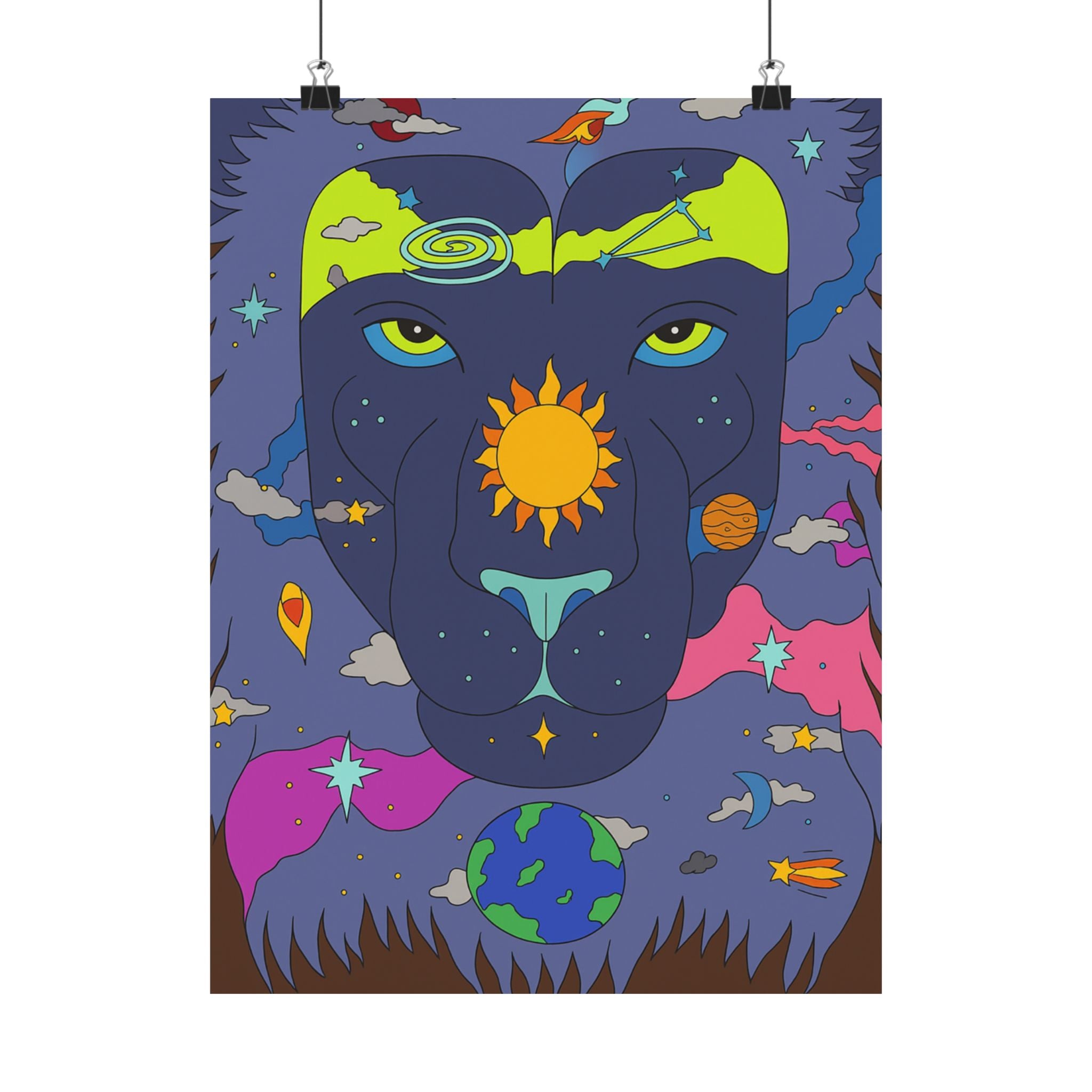 Cosmic Lion Art Poster, Colorful Wall Décor, Boho Room Decor, Animal Lover Gift, Spiritual Art Print