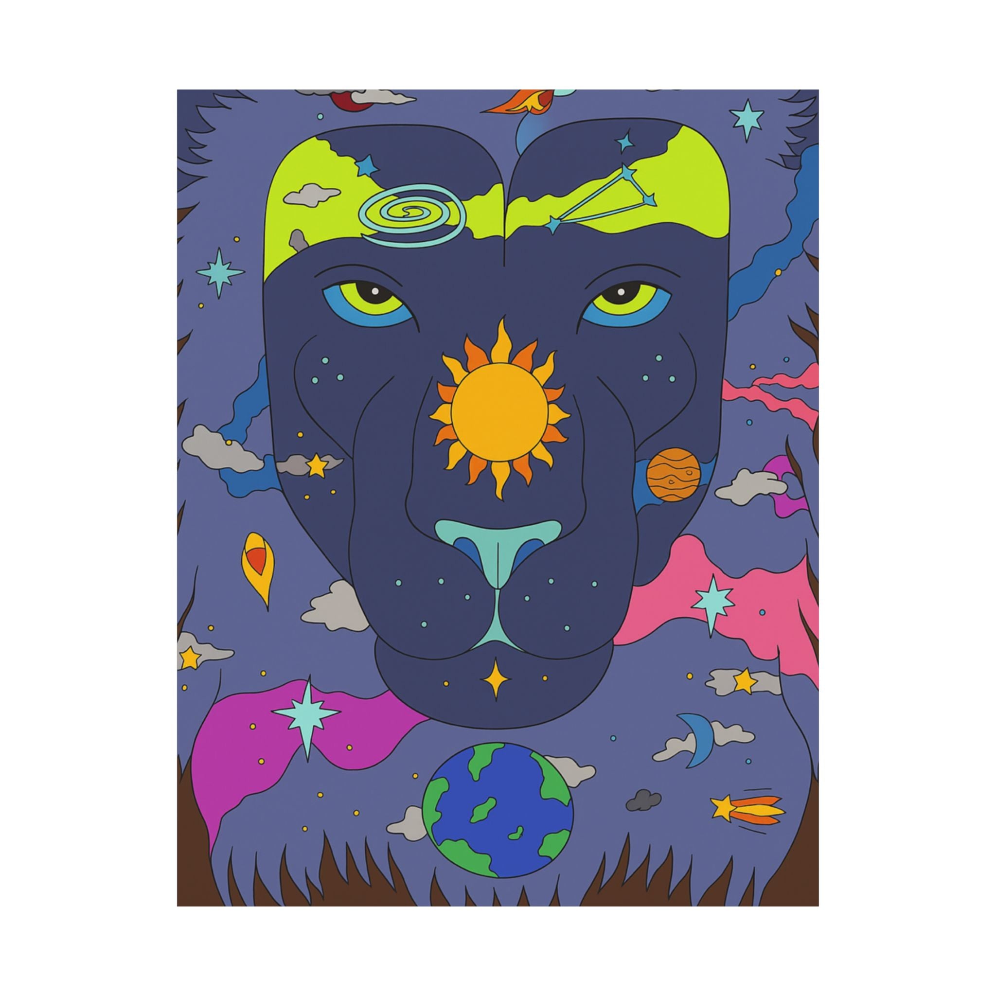 Cosmic Lion Art Poster, Colorful Wall Décor, Boho Room Decor, Animal Lover Gift, Spiritual Art Print