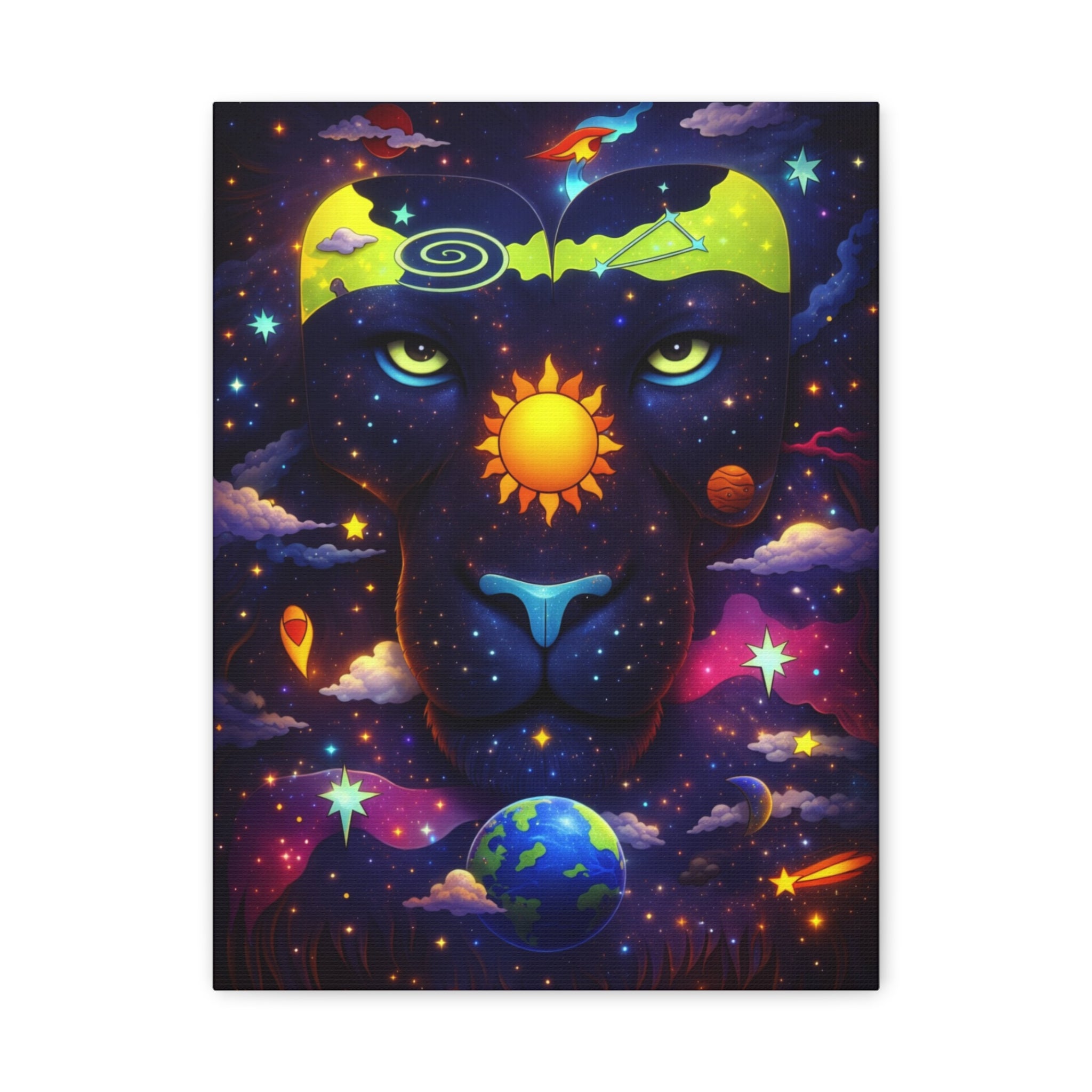 Cosmic Panther Matte Canvas Print — Vibrant Surreal Space Lion Wall Art