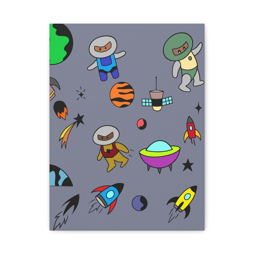 Space Adventure Canvas Print — Cute Astronauts & Rockets Matte Stretched Wall Art