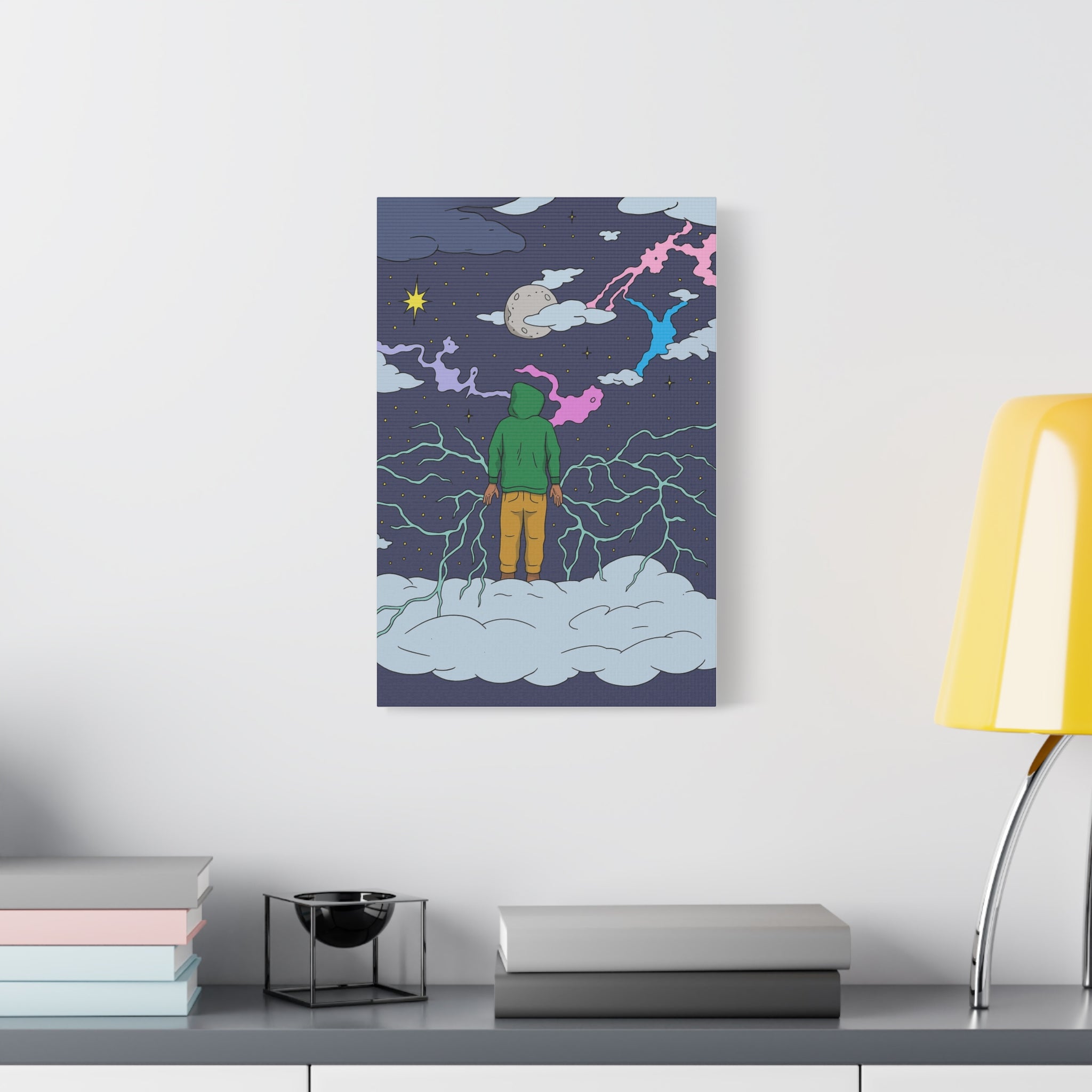 Dreamwalker Canvas Print — Surreal Hoodie Figure on Cloud Wall Art