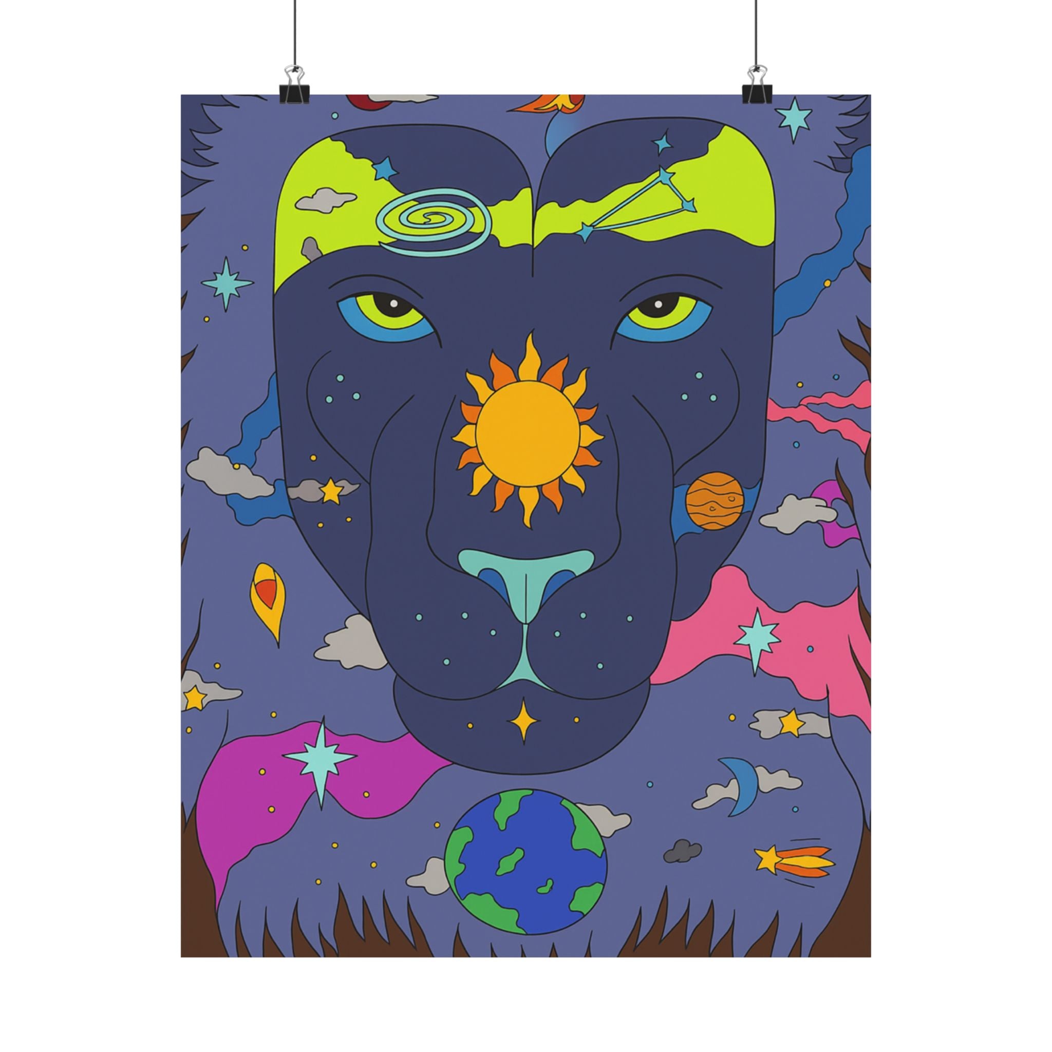 Cosmic Lion Art Poster, Colorful Wall Décor, Boho Room Decor, Animal Lover Gift, Spiritual Art Print