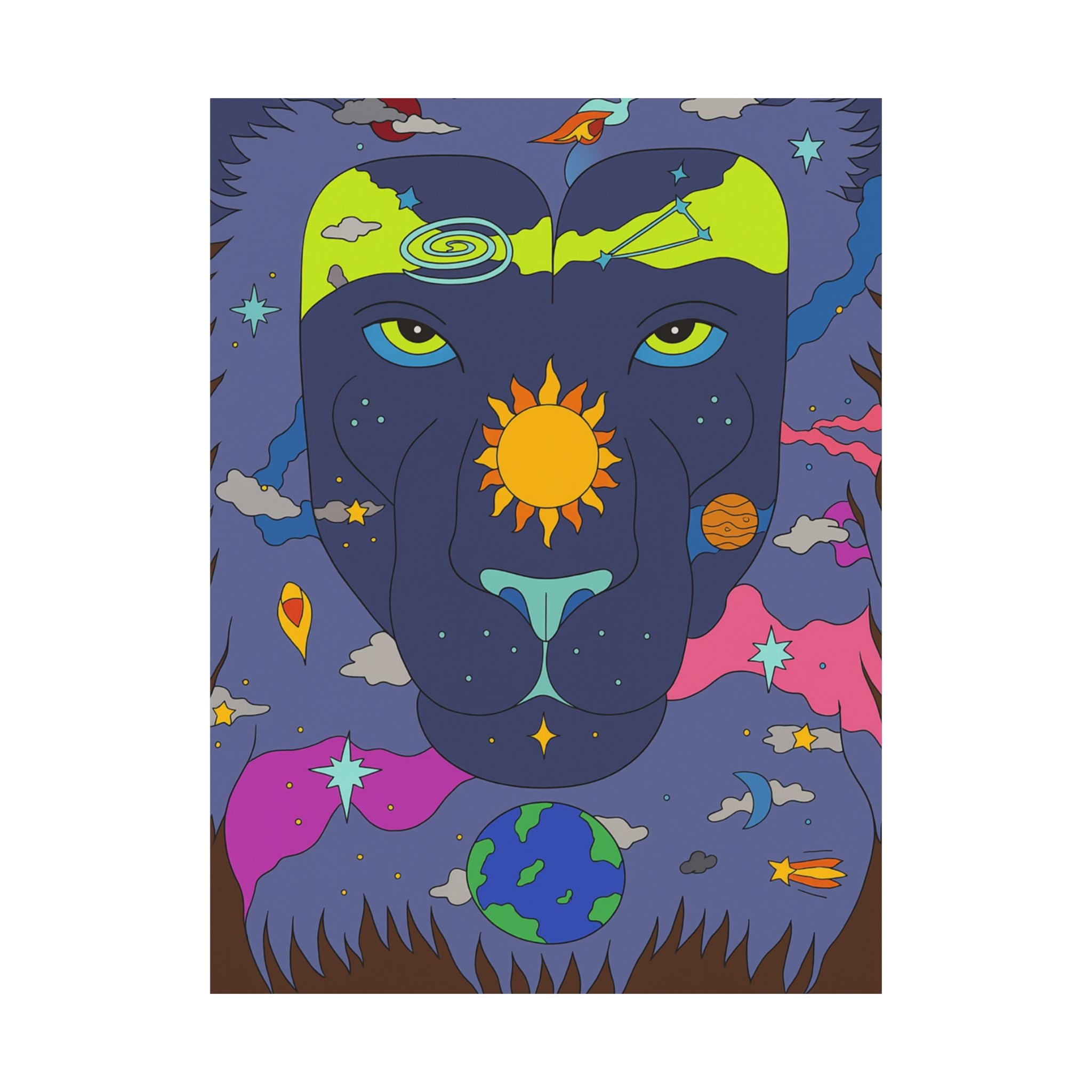 Cosmic Lion Art Poster, Colorful Wall Décor, Boho Room Decor, Animal Lover Gift, Spiritual Art Print