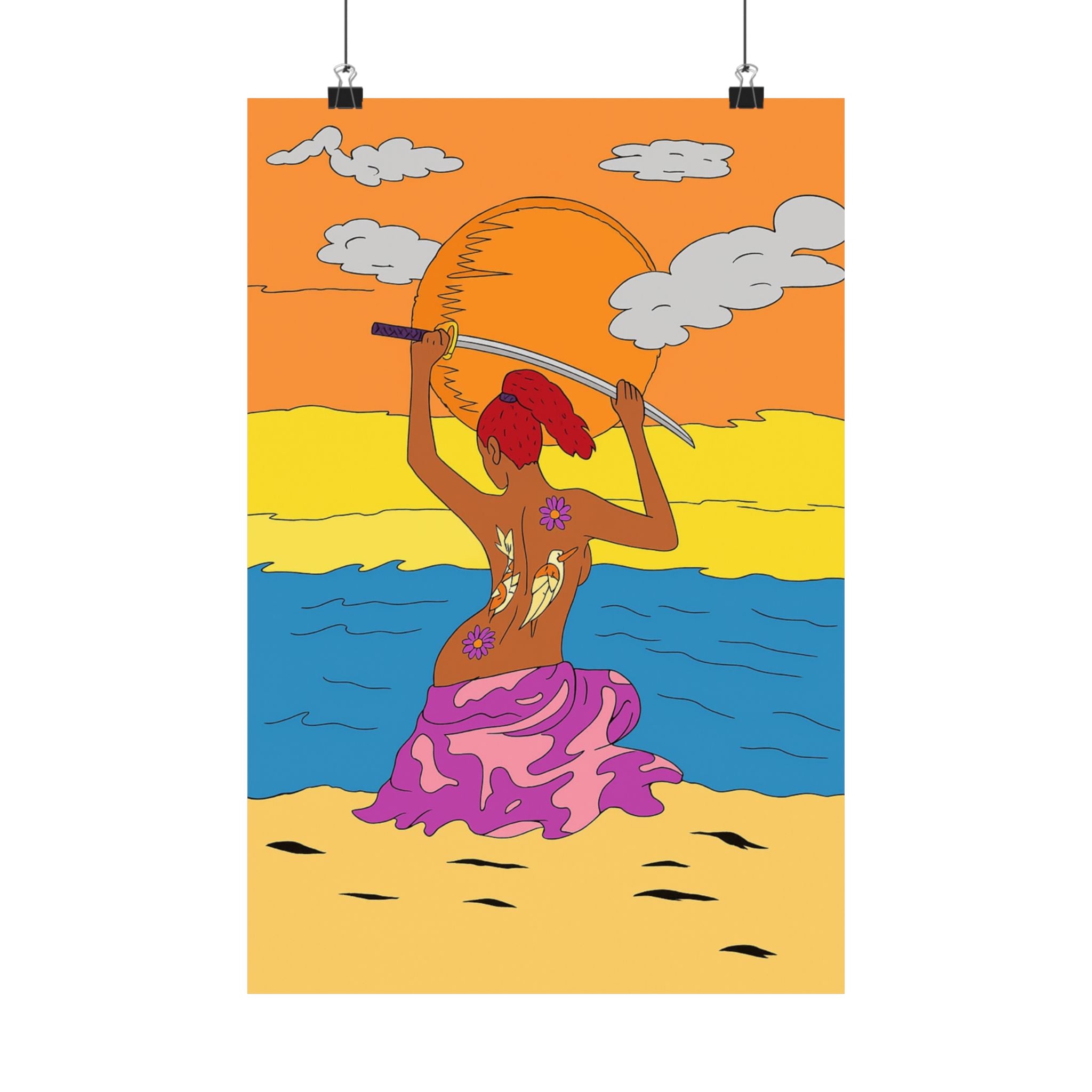 Sunset Beach Mermaid Poster — Vibrant Boho Wall Art Print