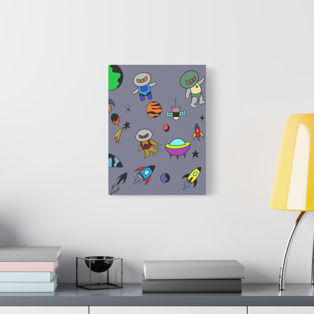 Space Adventure Canvas Print — Cute Astronauts & Rockets Matte Stretched Wall Art