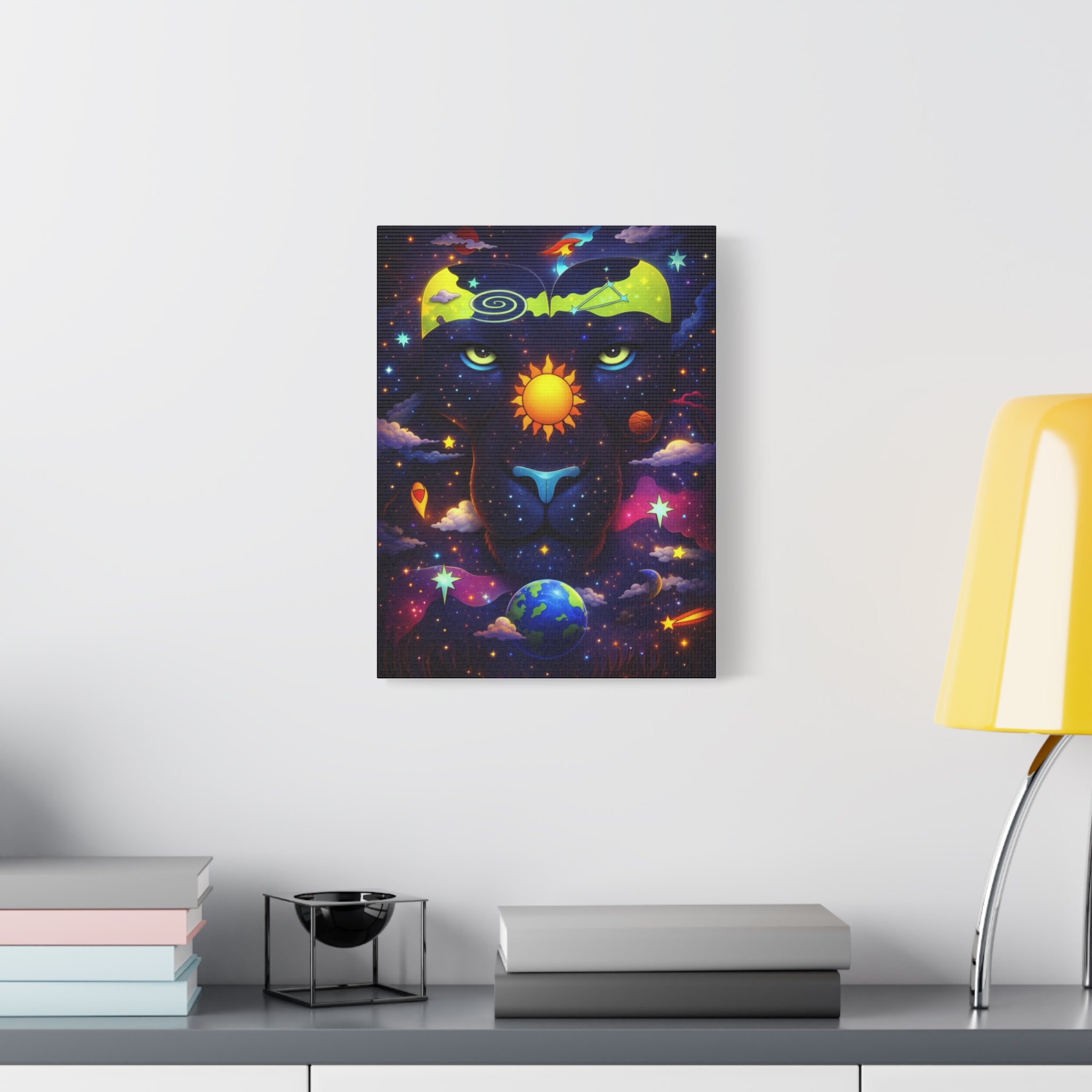 Cosmic Panther Matte Canvas Print — Vibrant Surreal Space Lion Wall Art
