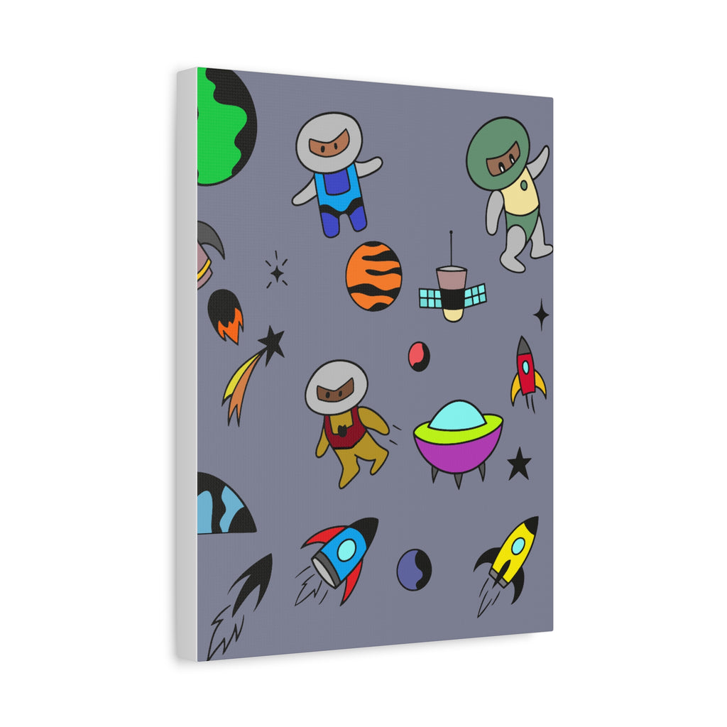 Space Adventure Canvas Print — Cute Astronauts & Rockets Matte Stretched Wall Art