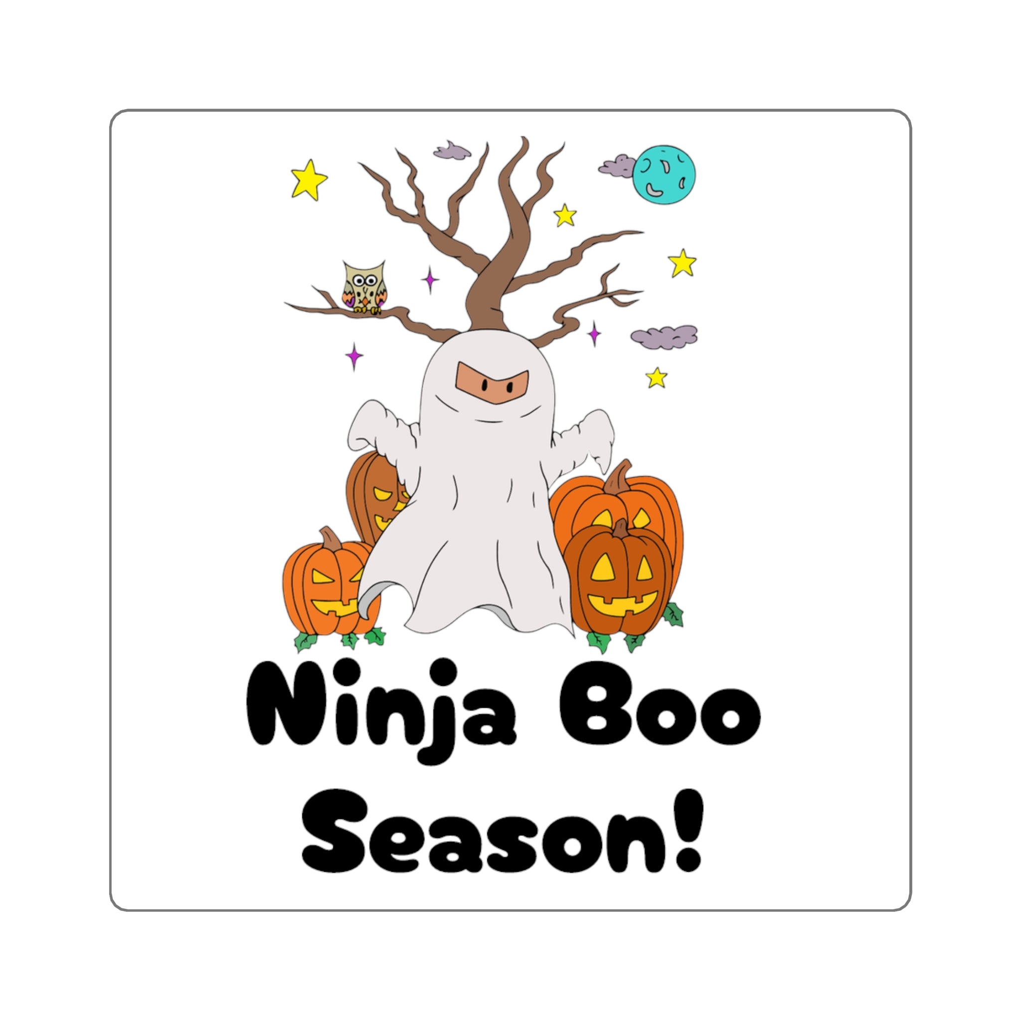Ninja Boo Season Square Stickers, Halloween Party Decor, Kids' Gift, Spooky Season Decor, Laptop Stickers, Trick or Treat Accessories