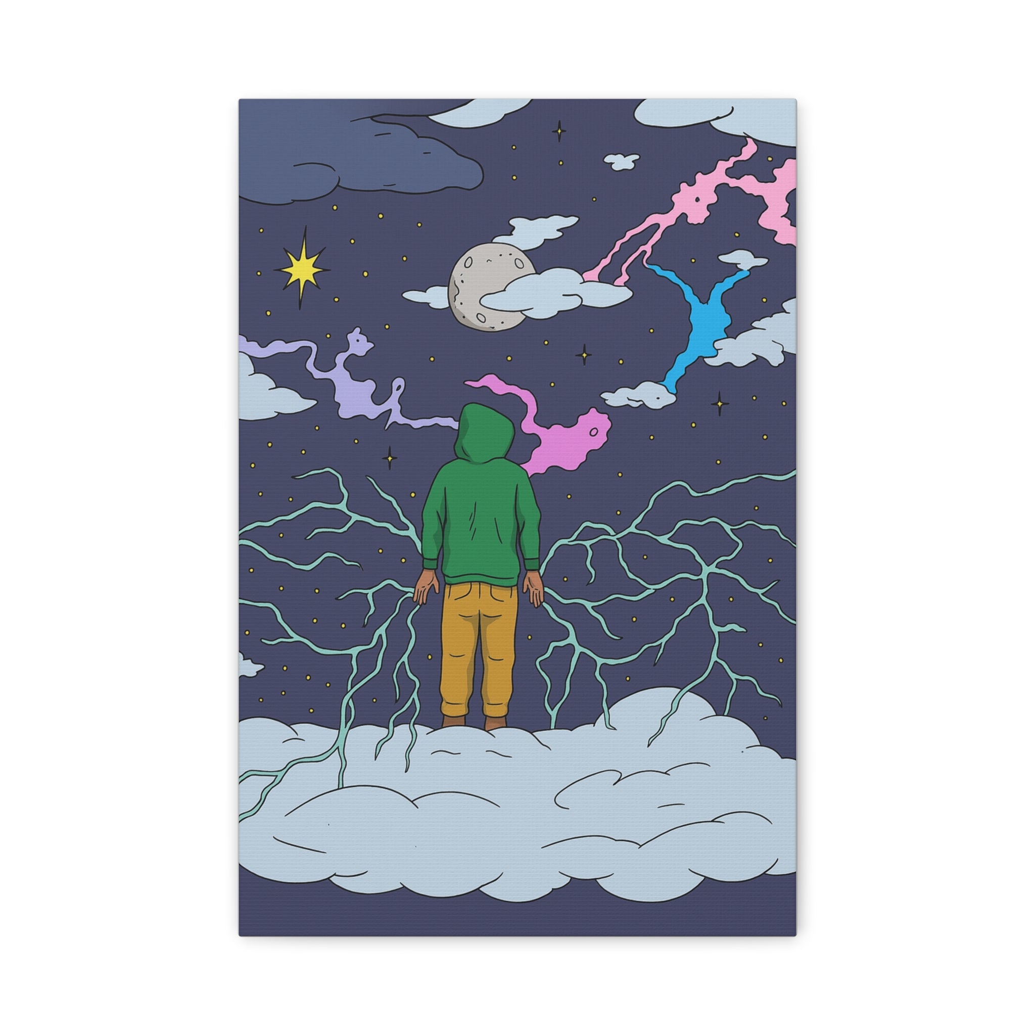 Dreamwalker Canvas Print — Surreal Hoodie Figure on Cloud Wall Art