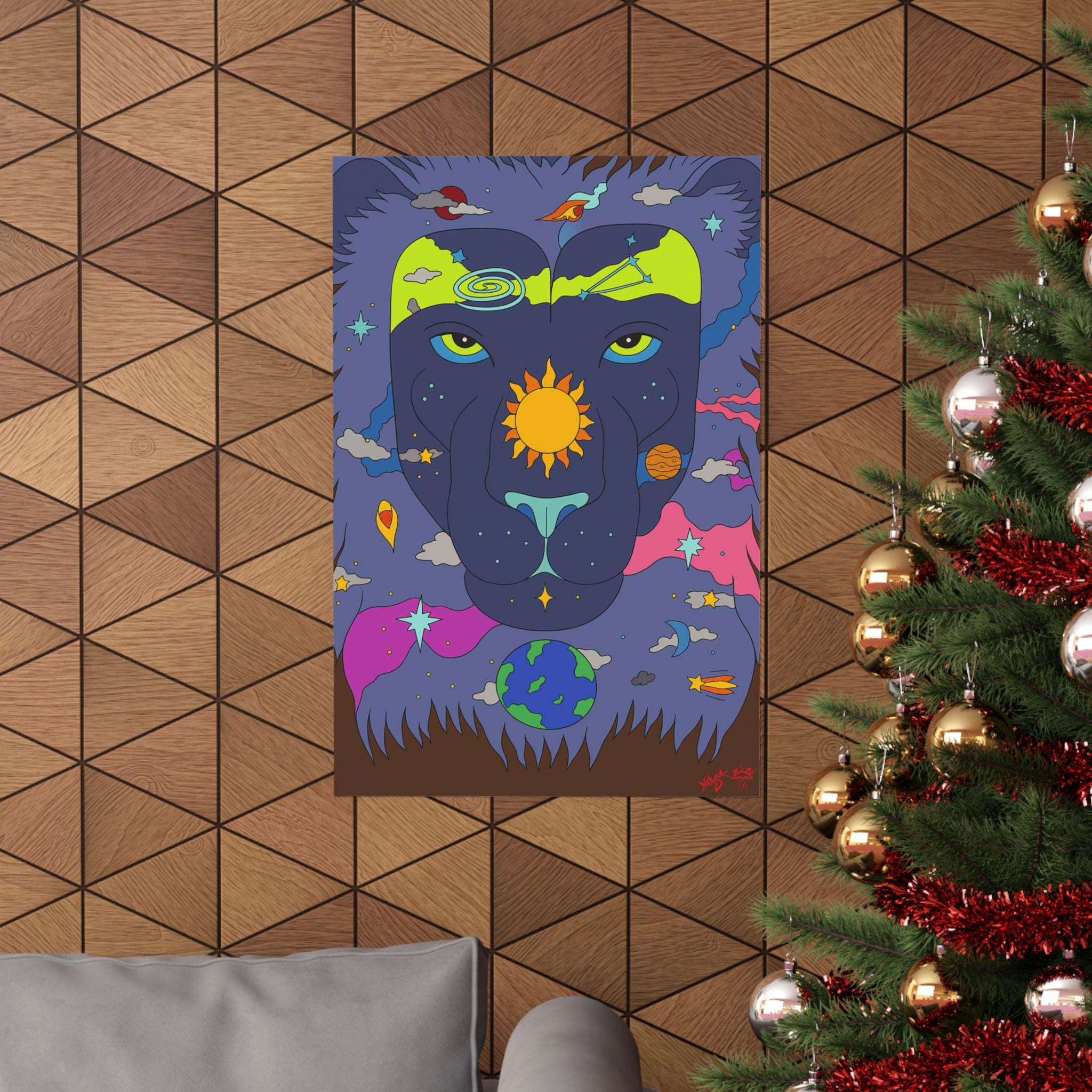 Cosmic Lion Art Poster, Colorful Wall Décor, Boho Room Decor, Animal Lover Gift, Spiritual Art Print