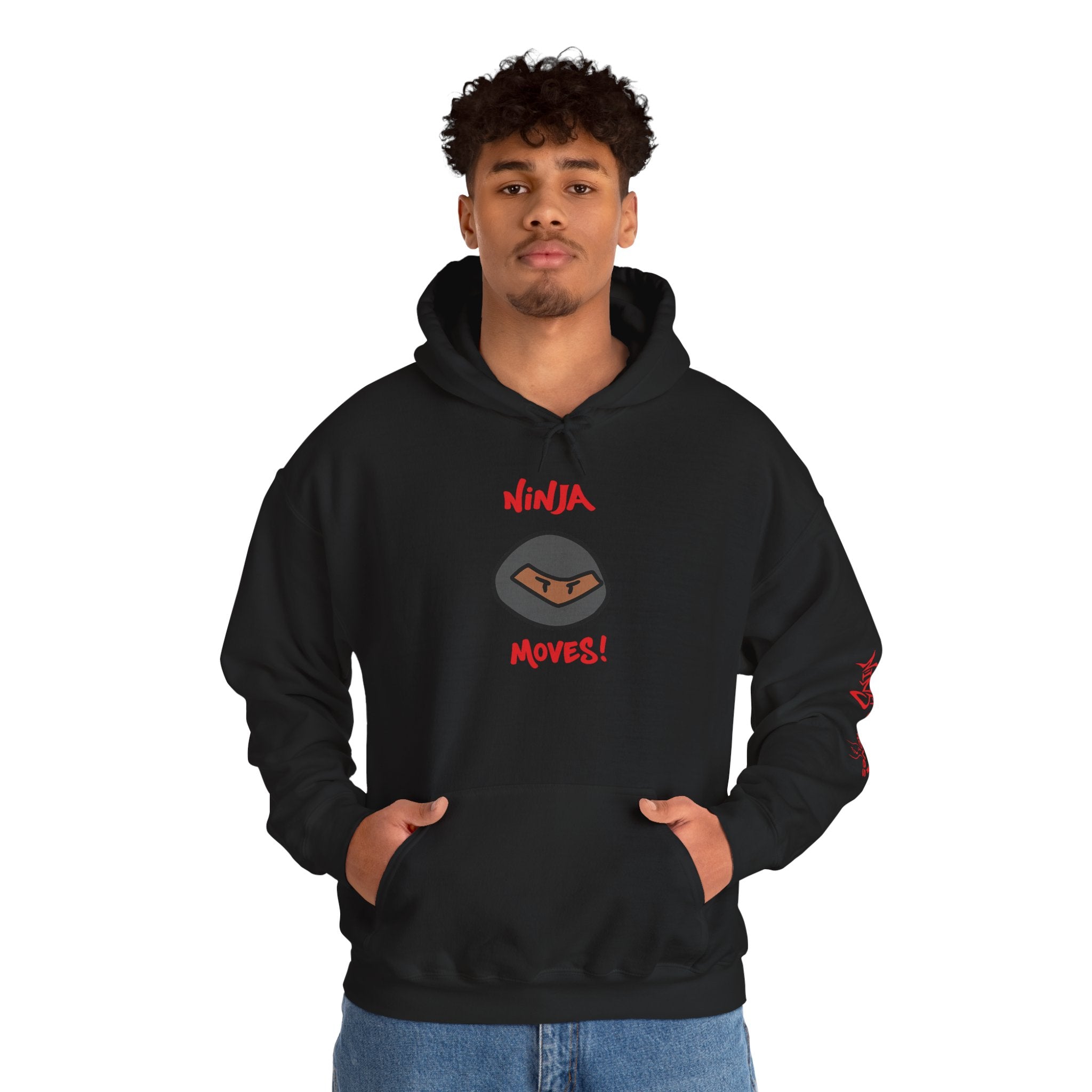 Ninja Moves Hoodie — Brand Ninja Logo with Red Sleeve Kanji